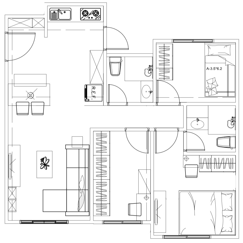 設計案例平面圖三房兩廳兩衛格局免費丈量規劃
